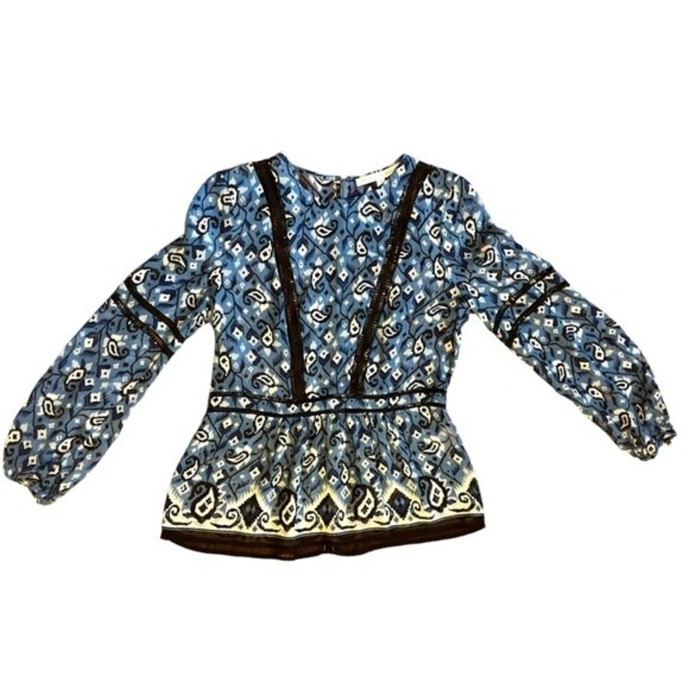 Veronica Beard Anouk Mutton Sleeve Blouse Patterned 4 100% Silk Ikat Blue boho